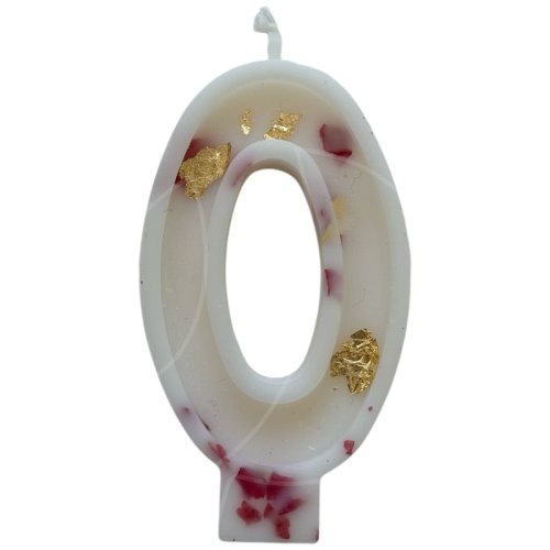 Свеча декоративная Цифра "0" Белая с розой и поталью 