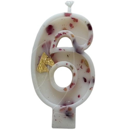 Свеча декоративная Цифра "6" Белая с розой и поталью 