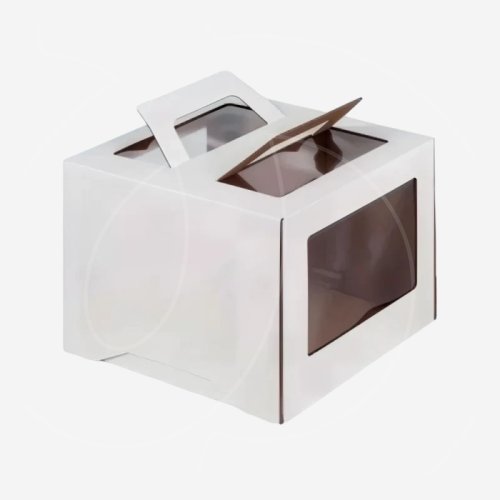 Коробка для торта с окном 12 см и ручкой белая 26х26х20 см 019020 ф