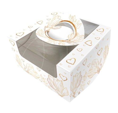 Коробка для бенто-торта с окном и ручкой "Золотые сердечки" 14х14х8 см КУ-793