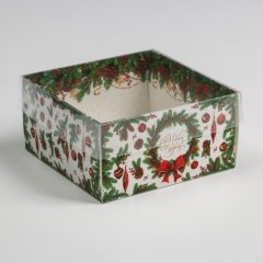 Коробка для сладостей с прозрачной крышкой "Зимний венок" 12х6х11,5 см 6957708